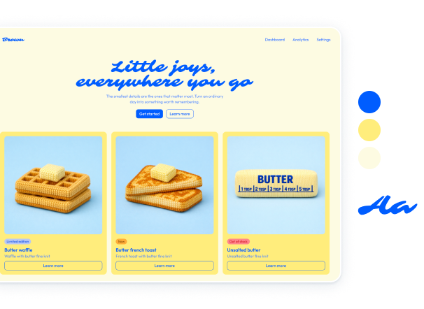 A product landing page styled with the Butter theme, shown alongside the theme’s color swatches and type sample