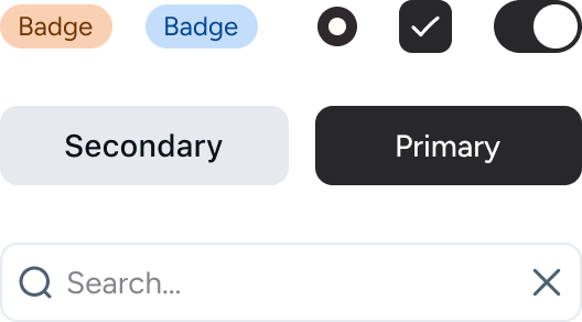 Sample XDS components — Badges, radio, checkbox, switch, Secondary and Primary buttons, and a search input
