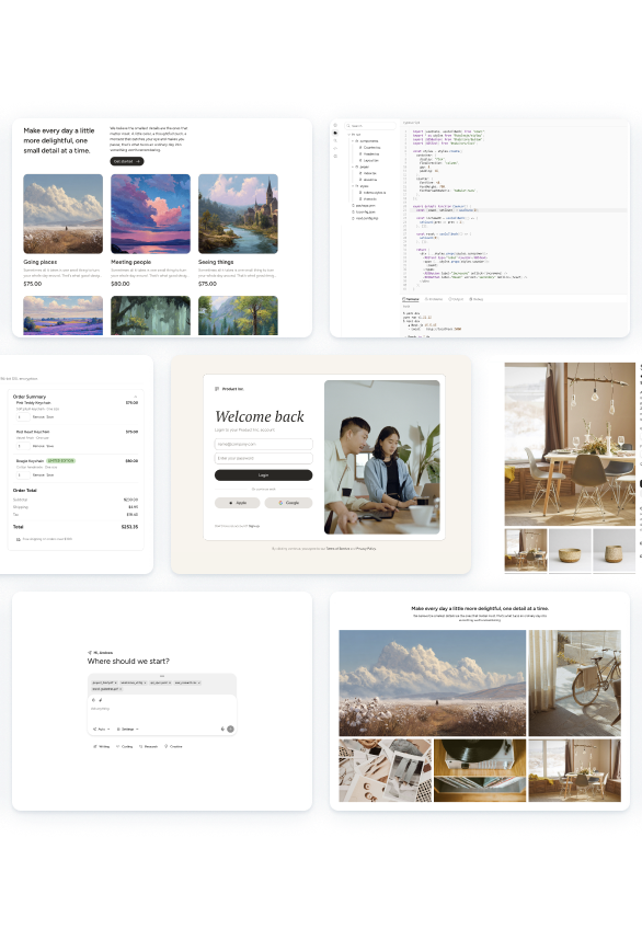 A scattered collage of ready-to-use page templates — product gallery, code editor, checkout summary, login, product detail, and AI chat